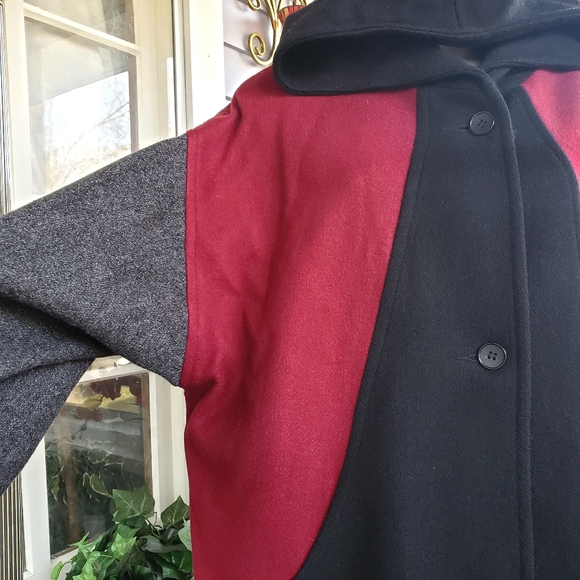 Vintage Leslie Fay Wool Blend Black Gray Maroon Hooded Boho Bomber Jacket XL - Picture 3 of 14